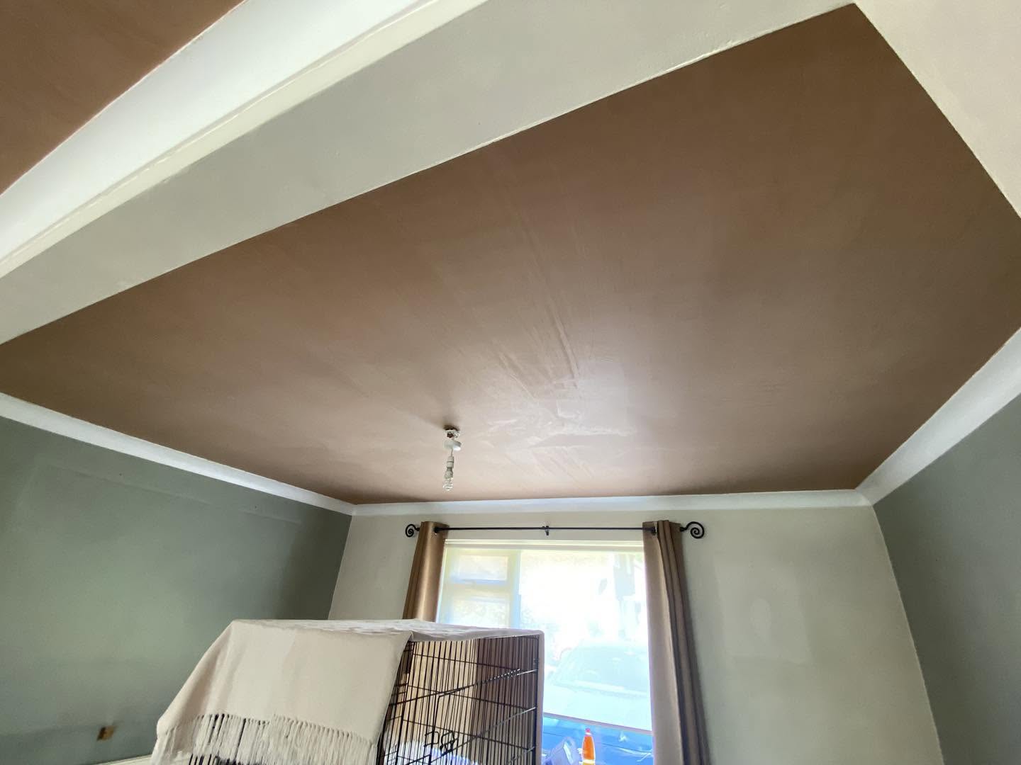 A living room ceiling skimmed, curtains at the window