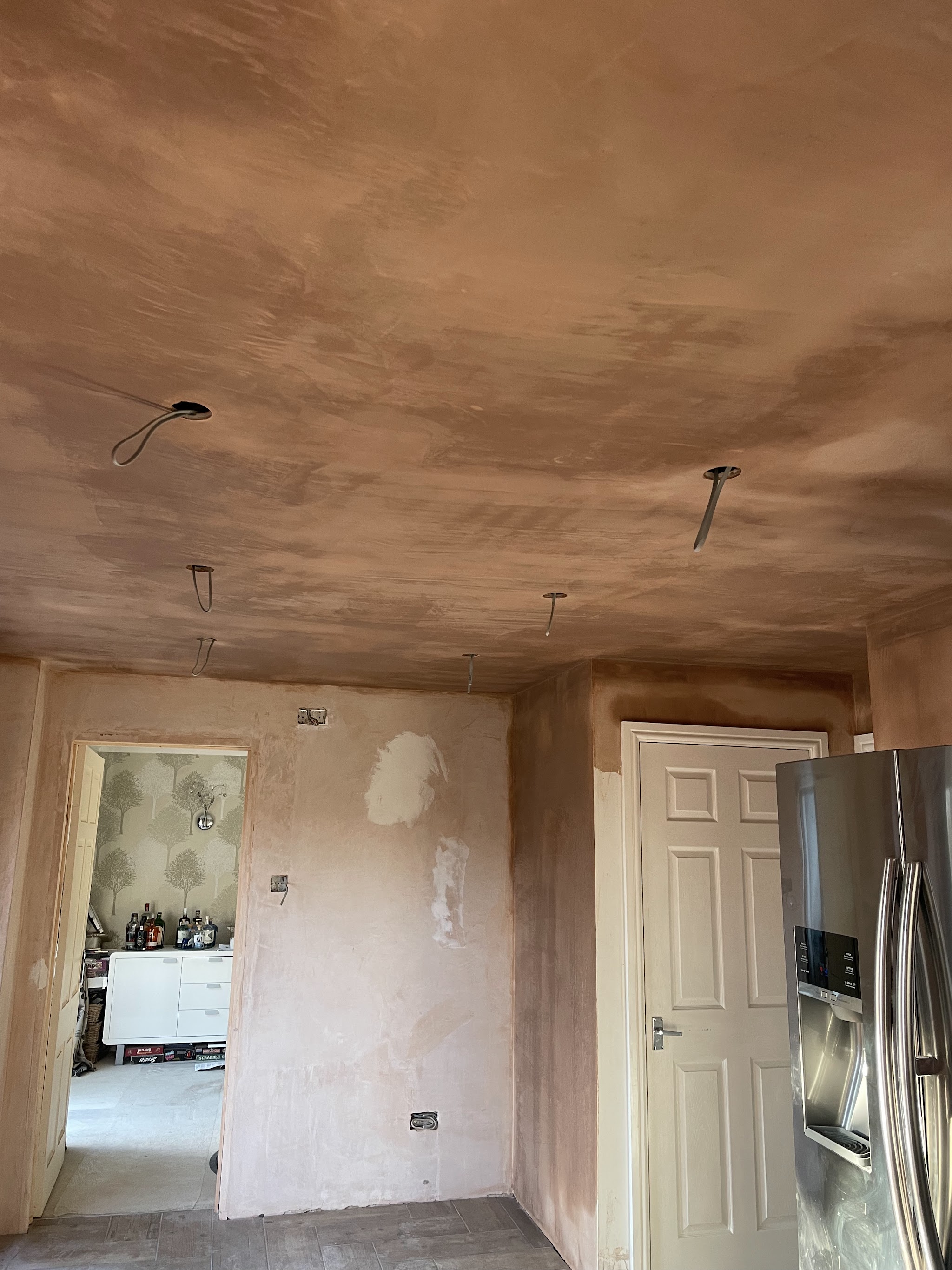 Freshly plastered ceiling and walls, a doorway through to the hall