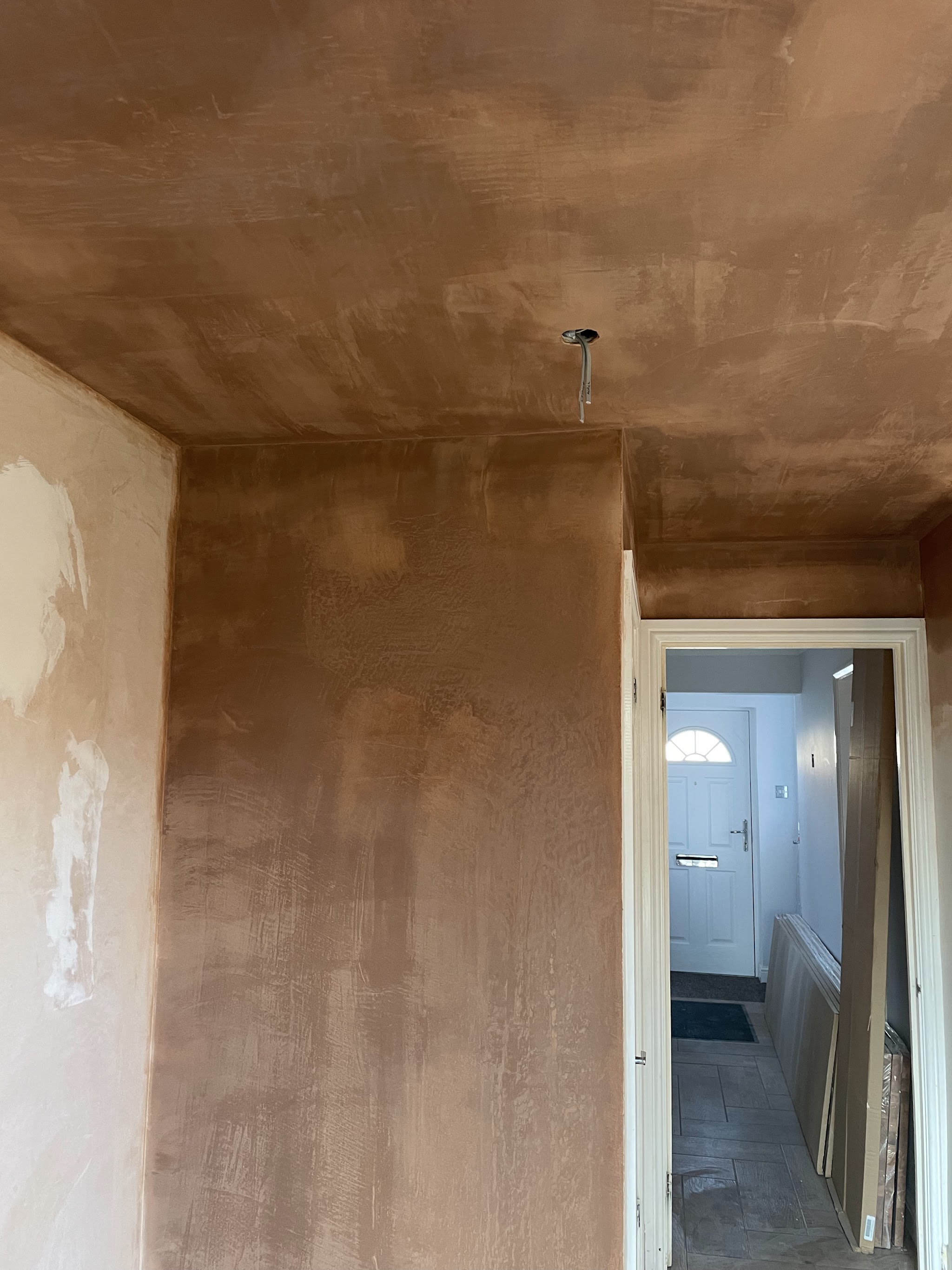 Freshly plastered walls and ceiling, through to the hall and front door